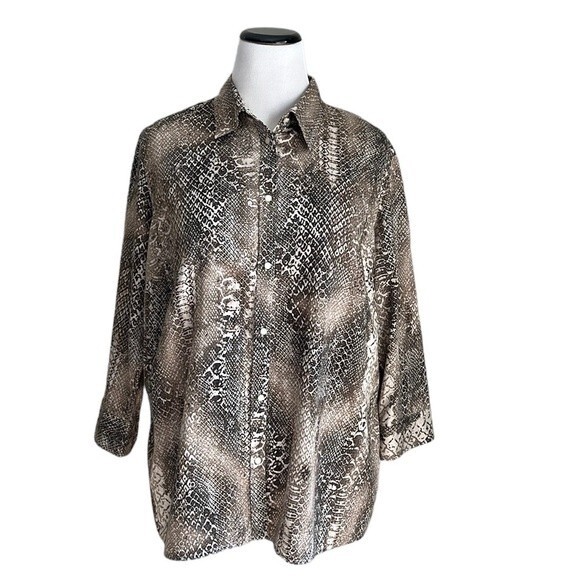 Ralph Lauren LRL Women's Brown Snakeskin Print Button 3/4 Sleeve Shirt Size 1X - Picture 1 of 10